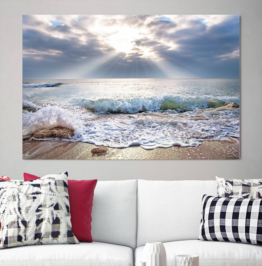 Sunset At The Beach Wall Art Canvas Print, showcasing a triptych of a tranquil ocean view with waves and sun rays, is printed on museum-quality canvas with UV-protective coating. Enjoy this artistic elegance with free shipping.