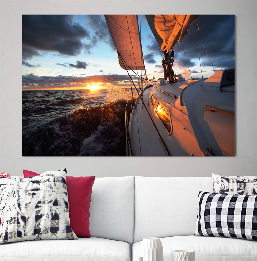 The modern living room is adorned with the Ocean Sunset Sailboat Wall Art, a triptych crafted on museum-quality canvas featuring UV-protective coating for lasting vibrancy.