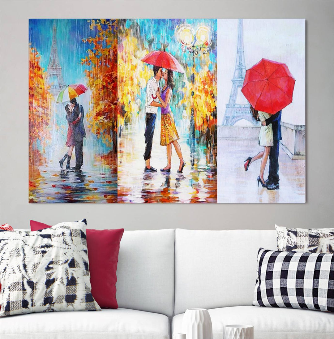 A triptych of the "Love in Paris Wall Art Canvas Print" showcases a couple with an umbrella in romantic settings. This artwork is crafted on museum-quality canvas and features a UV-protective coating for peace of mind. It also comes with the added convenience of free shipping.