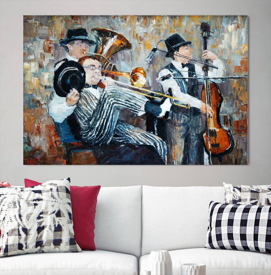 The Good Old Days Musicians Wall Art Canvas Print graces the wall, merging art with elegance. This museum-quality canvas comes with a UV-protective coating and is ready to hang.