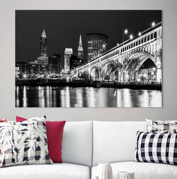 Enhance your space with the Cleveland Night Skyline Wall Art City Cityscape Canvas Print, a museum-quality black and white triptych. This ready-to-hang masterpiece is designed to elevate any room's aesthetic.