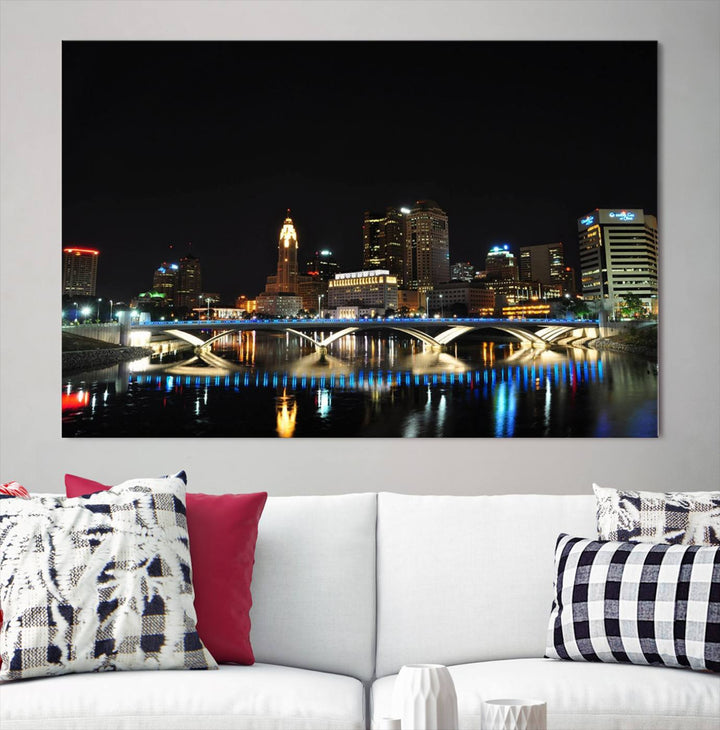 The "Columbus City Lights Night Skyline Cityscape View Wall Art Canvas Print" elegantly decorates the area, presented on museum-quality canvases that feature UV-protective coating to maintain their vibrant appearance.