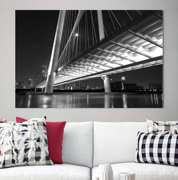 The modern living room features the museum-quality "Dallas City Bridge Lights Skyline Black and White Wall Art Cityscape Canvas Print," elegantly displayed on gallery-wrapped canvas.