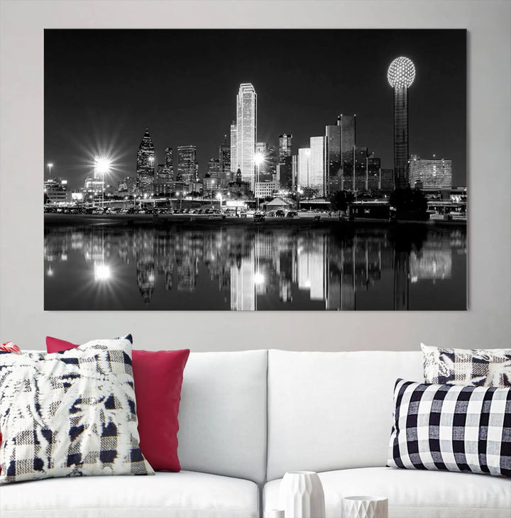 The Dallas City Lights Skyline Black and White Wall Art Cityscape Canvas Print is a striking addition to any space. These museum-quality canvases feature a UV-protective coating to maintain their beauty over time. Enjoy the convenience of free shipping when you choose this elegant piece for your home.