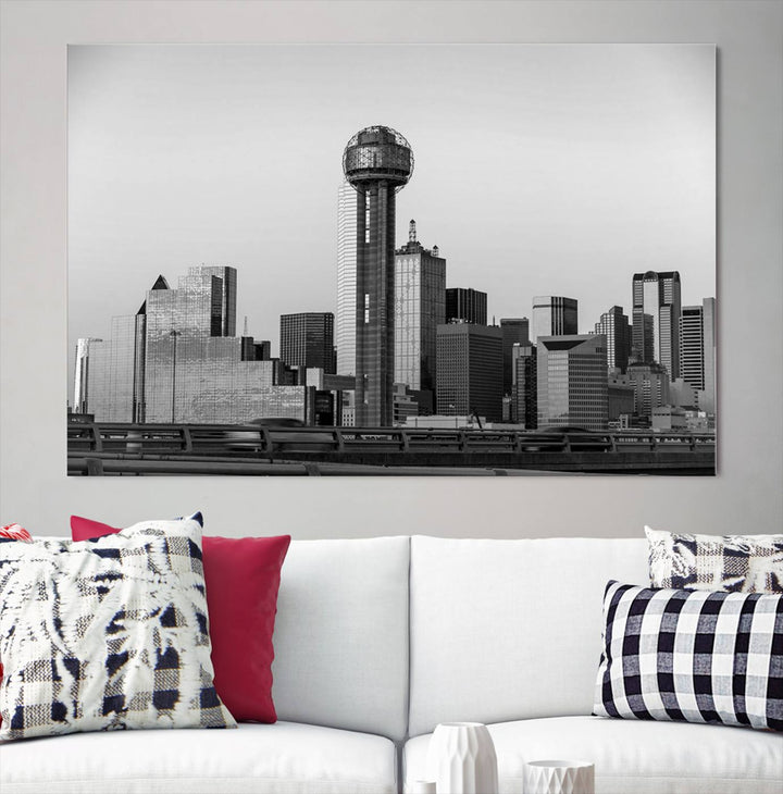 The Dallas City Lights Skyline Black and White Wall Art is elegantly displayed on museum-quality canvas.