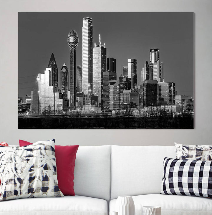 The Dallas City Skyline Black and White Wall Art Cityscape Canvas Print features a gallery-wrapped, museum-quality finish.