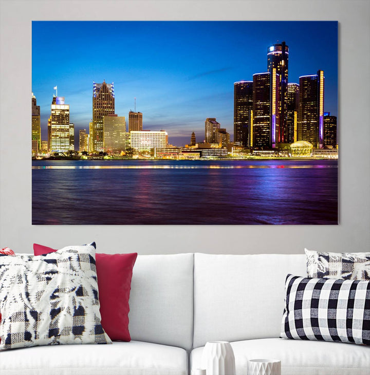 The living room features a breathtaking canvas print titled "Detroit City Lights Night Bright Blue Skyline Cityscape View," presented in a stunning triptych format on museum-quality canvases that are ready to hang.