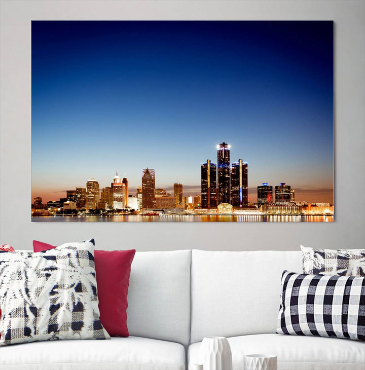 The Detroit City Lights Sunrise Skyline Cityscape View Wall Art Canvas Print adorns the modern living room. Crafted on museum-quality canvas with a UV-protective coating, this piece is ready to hang and elegantly elevates your décor.