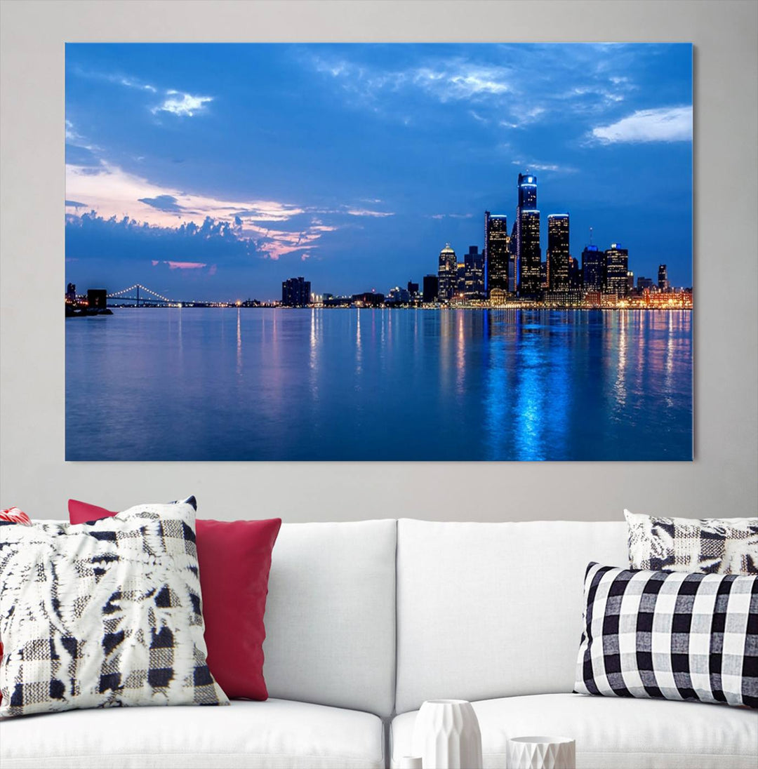 The "Detroit City Lights Night Blue Cloudy Skyline Cityscape View" wall art, displayed on museum-quality canvases, is split into three gallery-wrapped panels.