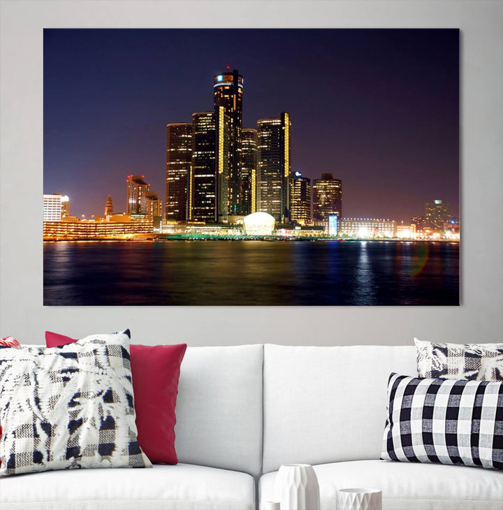 The Detroit City Lights Night Skyline Cityscape View Wall Art Canvas Print, elegantly split into three panels, is made from museum-quality pollycotton and gallery wrapped for a sophisticated touch. It is available with free shipping to effortlessly elevate your space.