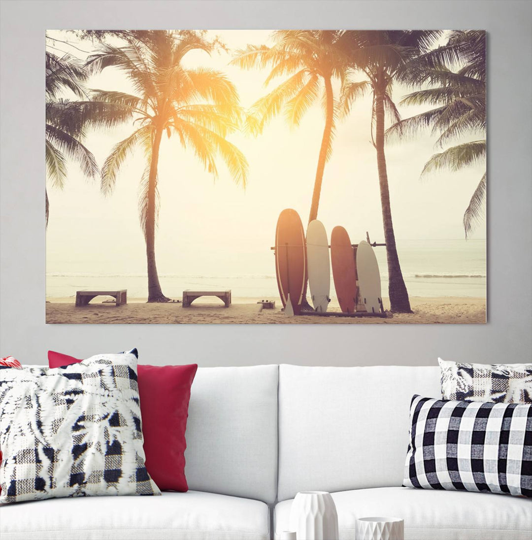 Surfboard and Palm Tree on Beach Double Exposure with Colorful Bokeh Sunset Light Wall Art Canvas