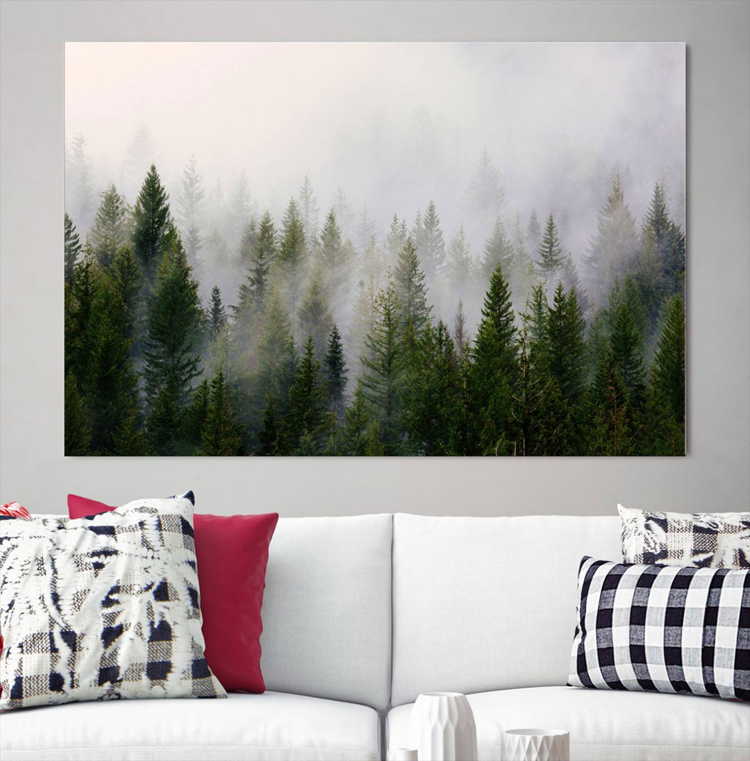 A 3-panel Misty Pine Forest Wall Art Canvas Print, featuring a green woodland scene, adorns the wall.