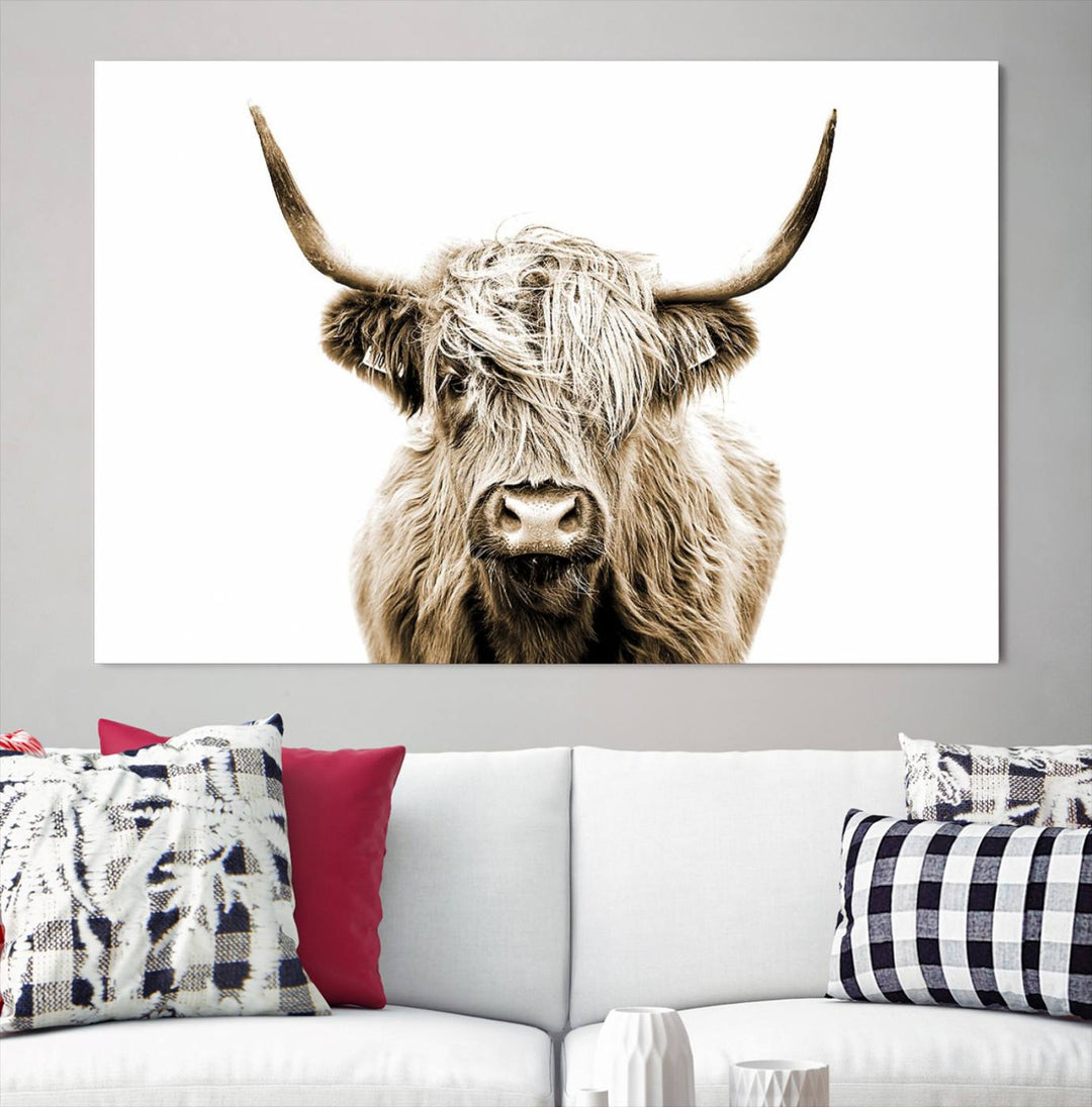 Lienzo de vaca de las Tierras Altas, arte de pared, decoración de granja, vaca, impresión en blanco y negro, decoración de pared rústica, pintura de animales, pared de vaca escocesa