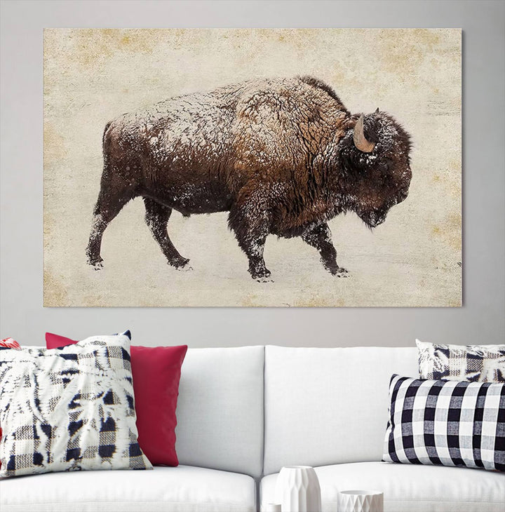 The "Buffalo Wall Art" canvas print, featuring a Western bison, hangs prominently, infusing the space with rustic cowboy and Western decor.