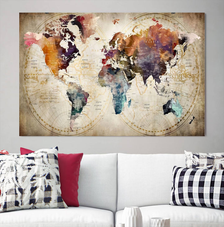 A World Map Wall Art Canvas Print featuring vibrant colors is crafted on museum-quality canvas, adding a touch of elegance to the room.