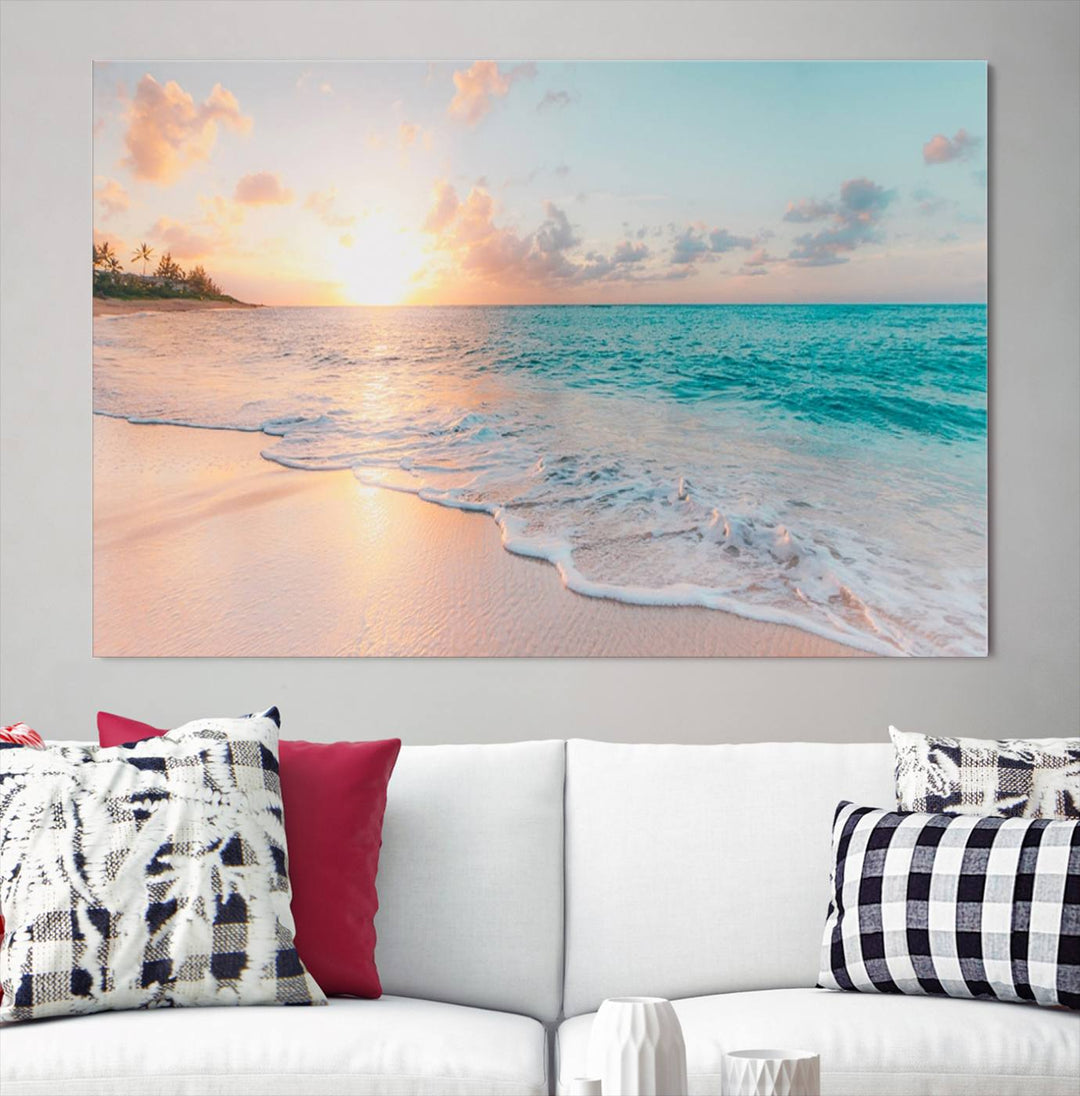 Beach Sunrise Wall Art, Coastal Seascape Canvas Print, Ocean Wave Multi-Panel Giclee, Coastal Sunset Beach Scene for Modern Decor