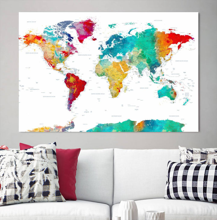 A stunning Colorful World Map Triptych Canvas Print, featuring a ready-to-hang framed design, adds vibrancy and modern flair to the space, effortlessly elevating the entire home décor.