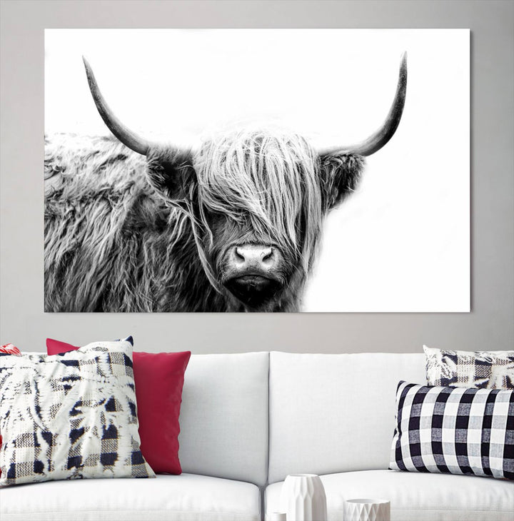 A museum-quality triptych titled "Black White Scottish Highland Cow Cattle Art Print Farmhouse Wall Art Canvas Print" embellishes the dark wall. The canvas is equipped with a UV-protective coating to ensure lasting vibrancy.