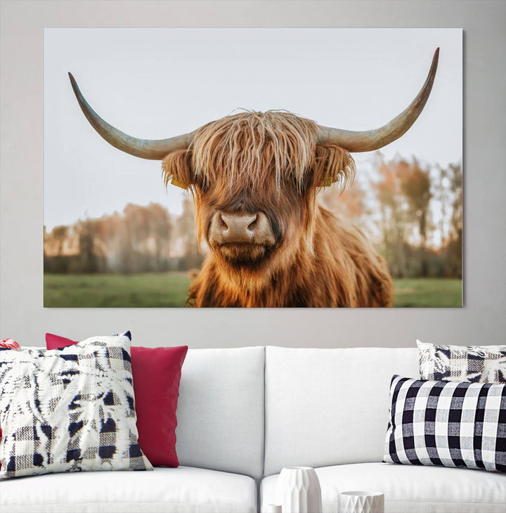 A Highland Cow Animal Scottish Cattle Art Print Farmhouse Wall Art Canvas Print hangs in the living room, adding a touch of rustic farmhouse decor.