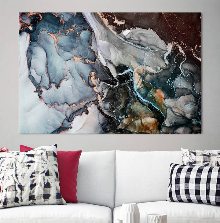 The Mix Color Large Abstract Marble Wall Art Canvas Print is printed on museum-quality canvas. It features a UV-protective coating and is ready to hang, adding elegance to the room.