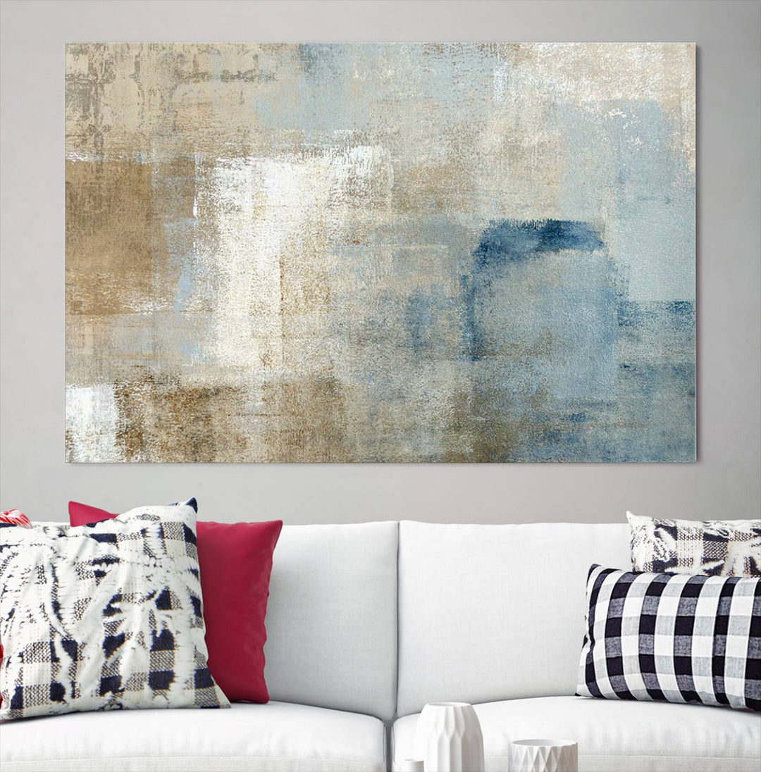 Abstract Blue and Beige Wall Art, Modern Minimalist Canvas Print Set, Giclee Textured Art, Large Multi-Panel Artwork for Living Room