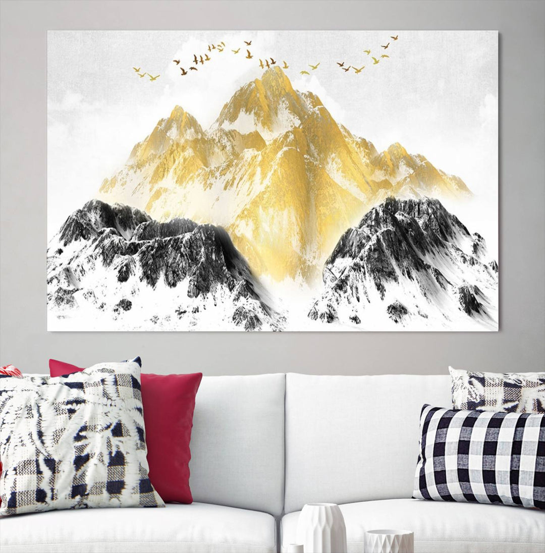 Golden Mountain Triptych Wall Art, Modern Giclee Canvas Print, Nature Landscape Decor for Living Room, Contemporary Gold and Black Wall Art