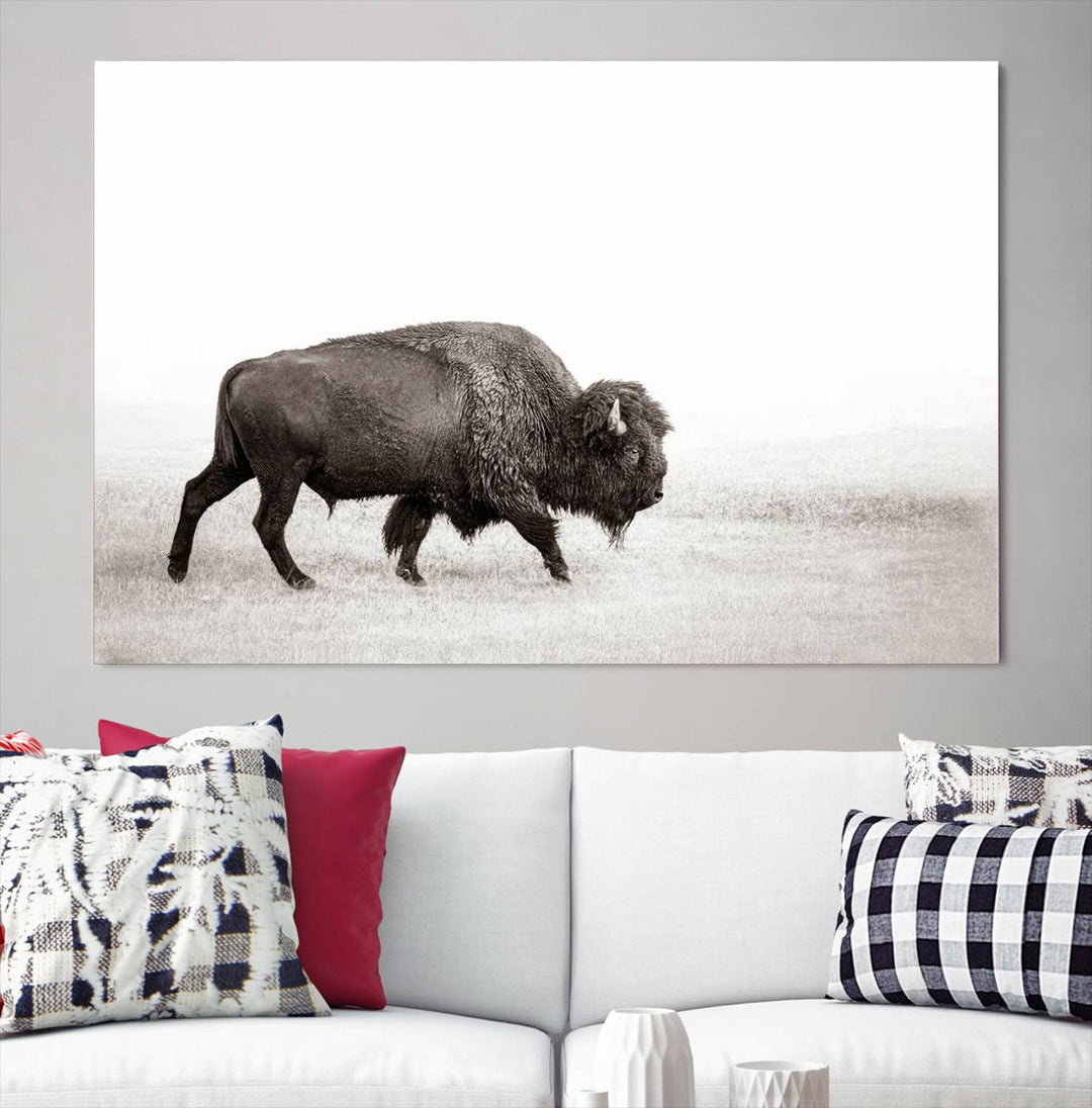 American Bison in Grasslands Triptych Canvas Wall Art – Western-Inspired Nature Decor for Home or Office