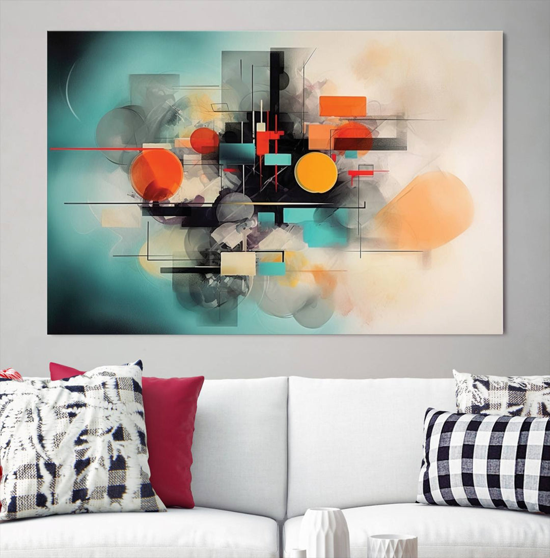 Modern living room featuring a Geometric Colorful Abstract Wall Art Canvas Print.