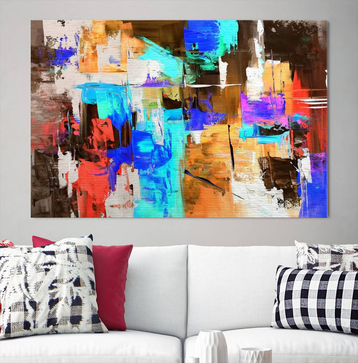 In a modern living room, the "Colorful Abstract Wall Art Canvas Print" serves as a stunning triptych centerpiece on museum-quality canvas, ready to hang. Its UV-protective coating ensures enduring vibrancy.