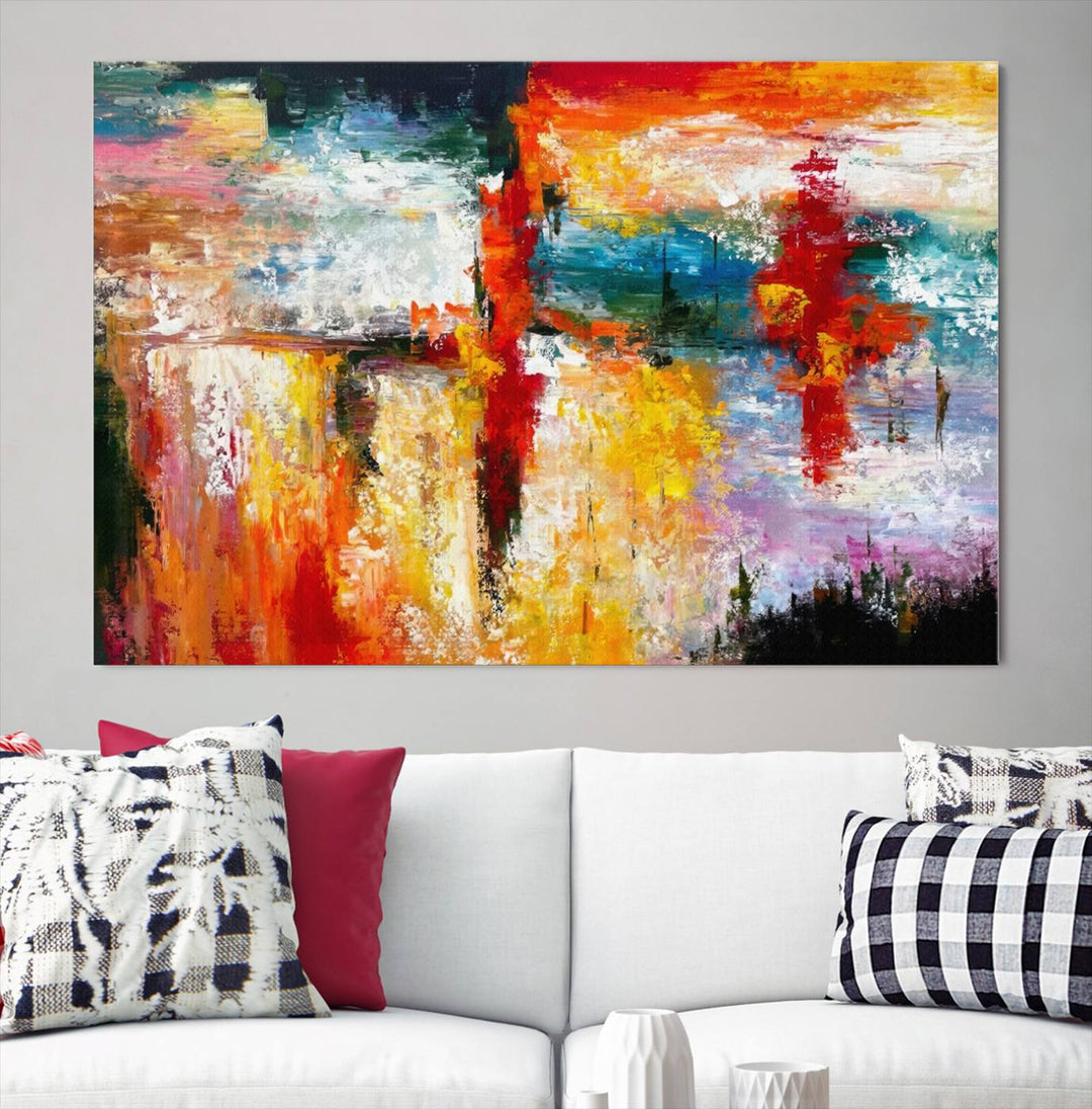 A Colorful Abstract Wall Art Canvas Print graces the wall, making this ready-to-hang masterpiece, complete with UV-protective coating, perfect for elevating any space with its vibrant allure.