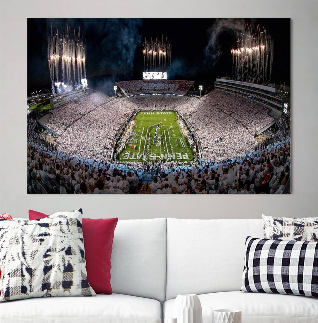 The Penn Stadium Football Wall Art Canvas Print showcases the lively ambiance of a bustling Pennsylvania University football stadium illuminated by fireworks.