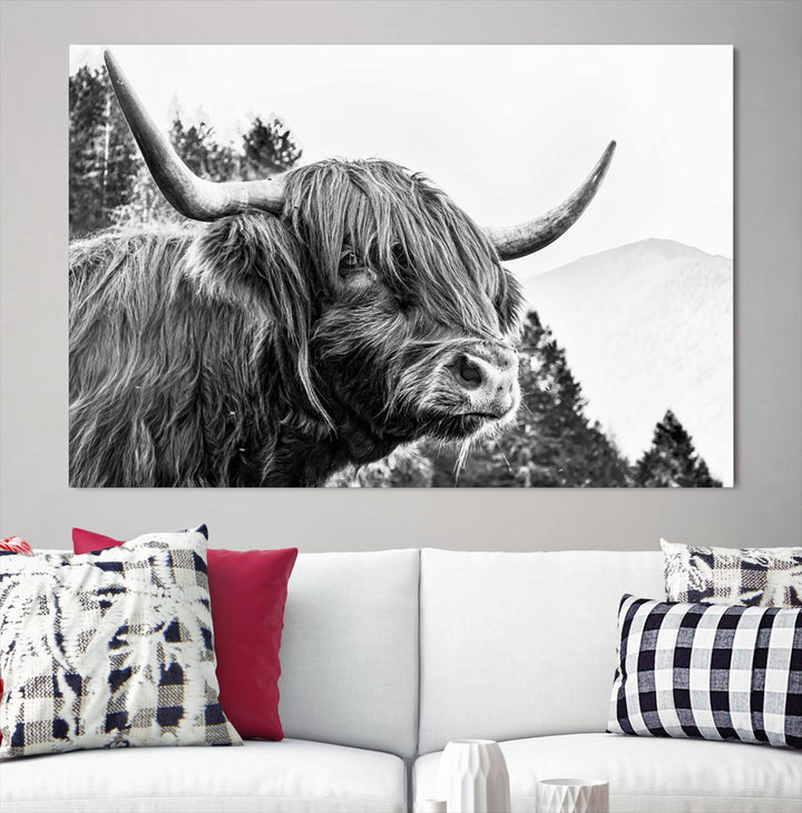 The Scottish Longhorn Wall Art Canvas Print features a highland cow with long horns and shaggy hair displayed on a museum-quality canvas. Equipped with a UV-protective coating for durability, it's ready to hang and enjoy for years to come.