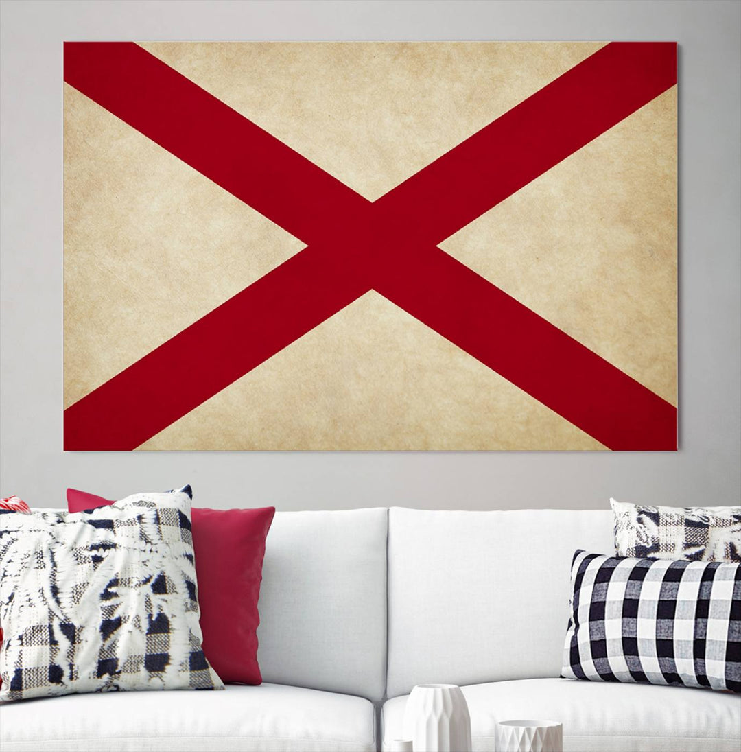 The USA Alabama States Flag Wall Art, featuring a red diagonal cross on a cream background, is elegantly displayed on museum-quality canvas with a UV-protective coating.