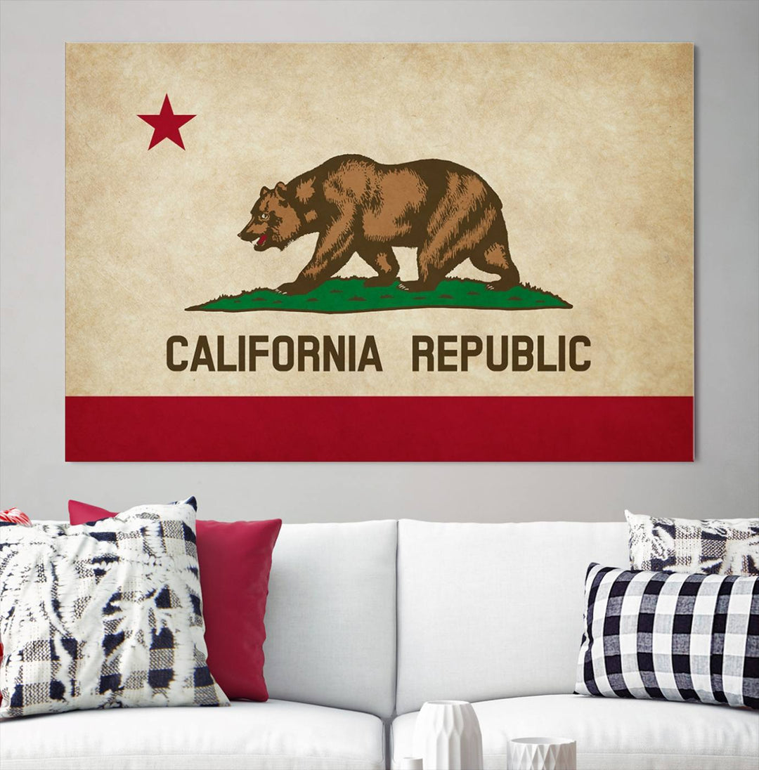 The Calinia States Flag Wall Art Canvas Print, featuring a bear and star design reminiscent of the California Republic flag, is crafted on museum-quality polycotton canvas with a UV-protective coating and is proudly made in the USA.