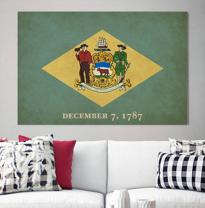 The Delaware States Flag Wall Art Canvas Print, featuring museum-quality material and a UV-protective coating, hangs elegantly, ready to be admired.