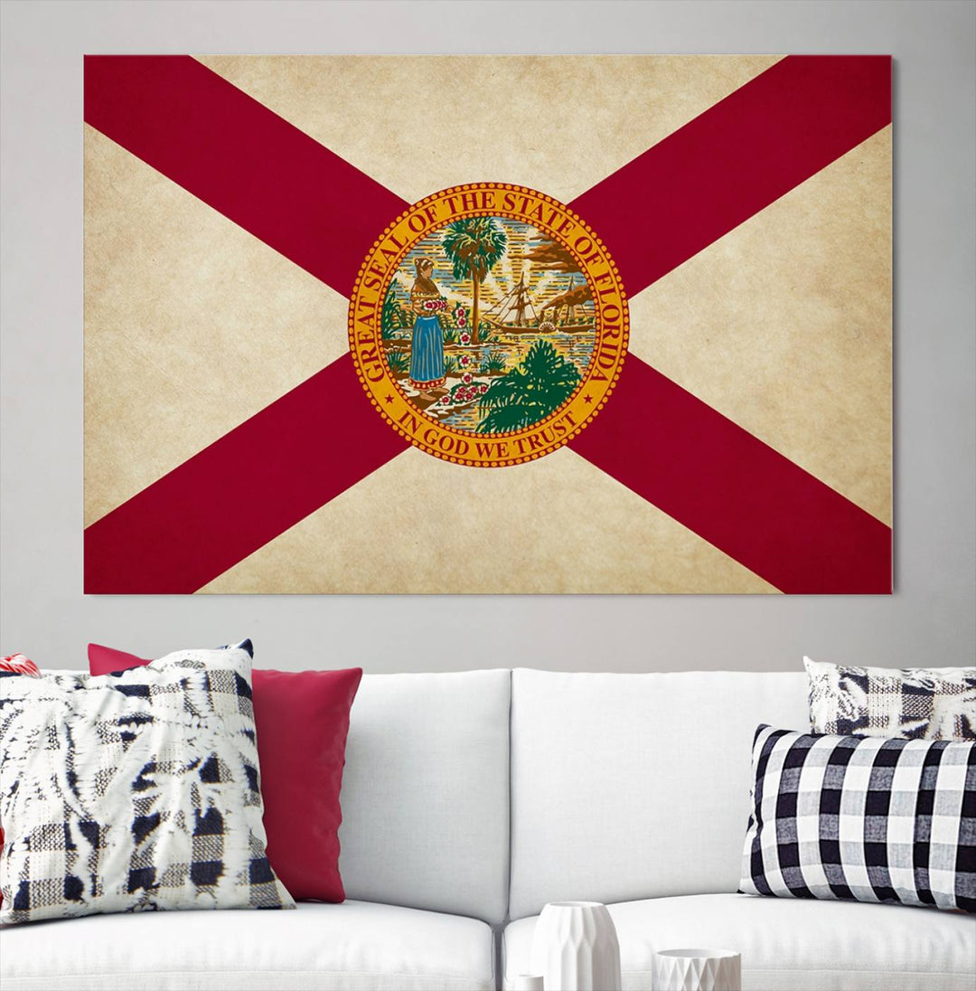 A Florida States Flag Wall Art Canvas Print, featuring a UV-protective coating for museum-quality preservation, is displayed.