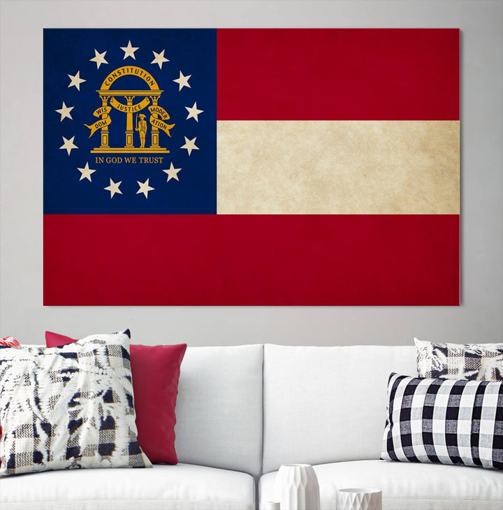 The Georgia States Flag Wall Art Canvas Print, coated with UV protection to preserve its vibrant colors, hangs on the wall.