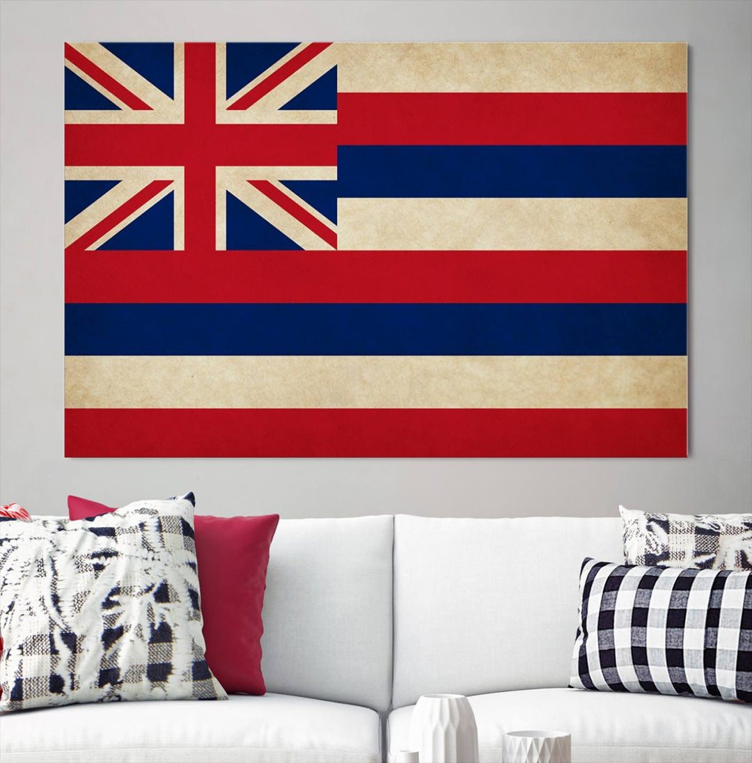 A stunning piece titled "Hawaii USA States Flag Wall Art Canvas Print" adorns the wall. This gallery-wrapped artwork is printed on museum-quality canvas and features a UV-protective coating, ensuring its vibrant colors remain timelessly beautiful.