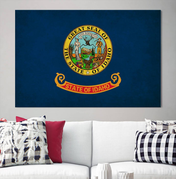 The Idaho USA States Flag Wall Art Canvas Print, featuring a UV-protective coating for lasting vibrancy, is ready to hang.