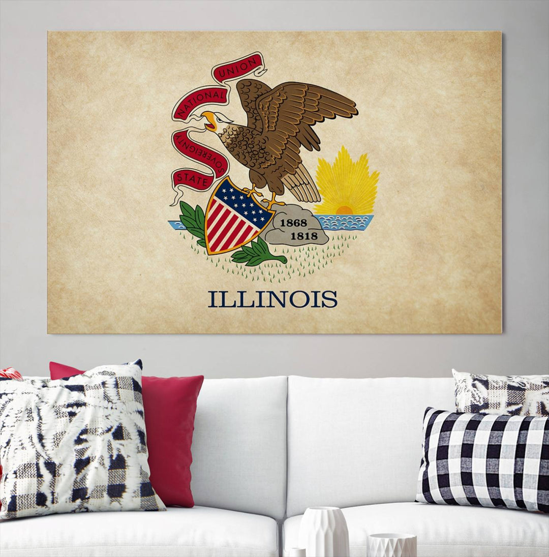 The Illinois State Flag Wall Art Canvas Print, crafted on museum-quality canvas with a UV-protective coating, is displayed prominently.