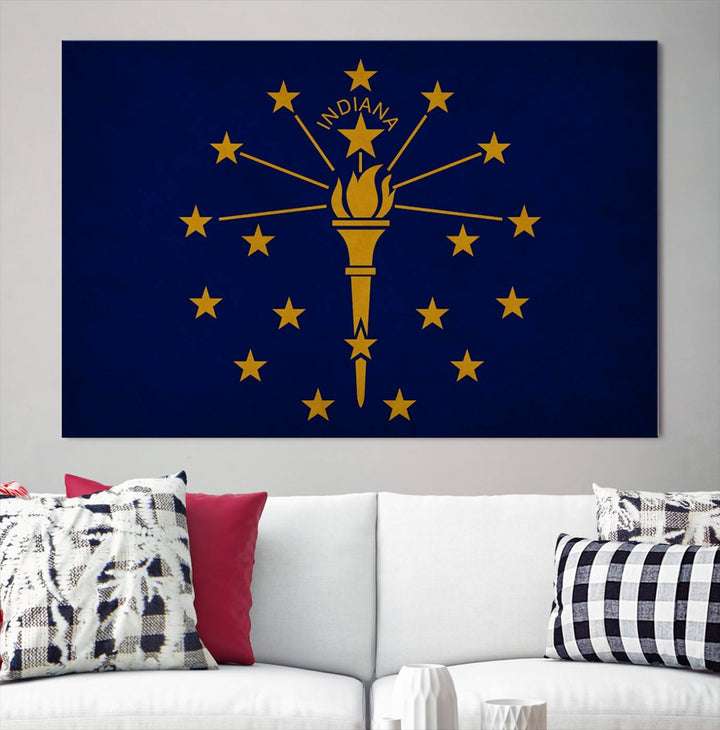 The Indiana States Flag Wall Art Canvas Print, featuring museum-quality canvas with a UV-protective coating, adorns the wall and brings an elegant and charming touch to your living space. Ready to hang, this piece becomes a standout feature in any room.