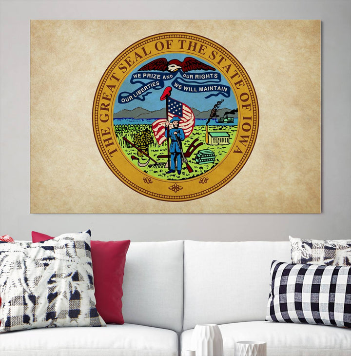 The Iowa USA States Flag Wall Art Canvas Print, beautifully hand-assembled in a framed, museum-quality canvas, is displayed on the wall.