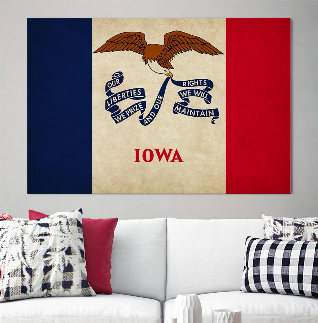 A beautiful Iowa States Flag Wall Art enhances the area, made on museum-quality canvas and boasting a gallery-wrapped design for enduring elegance.