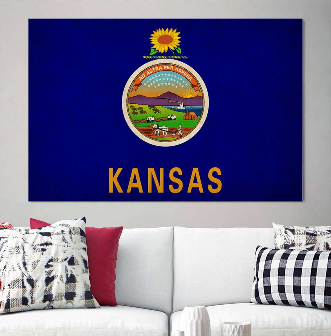 The "Kansas USA States Flag Wall Art Canvas Print" is prominently displayed.