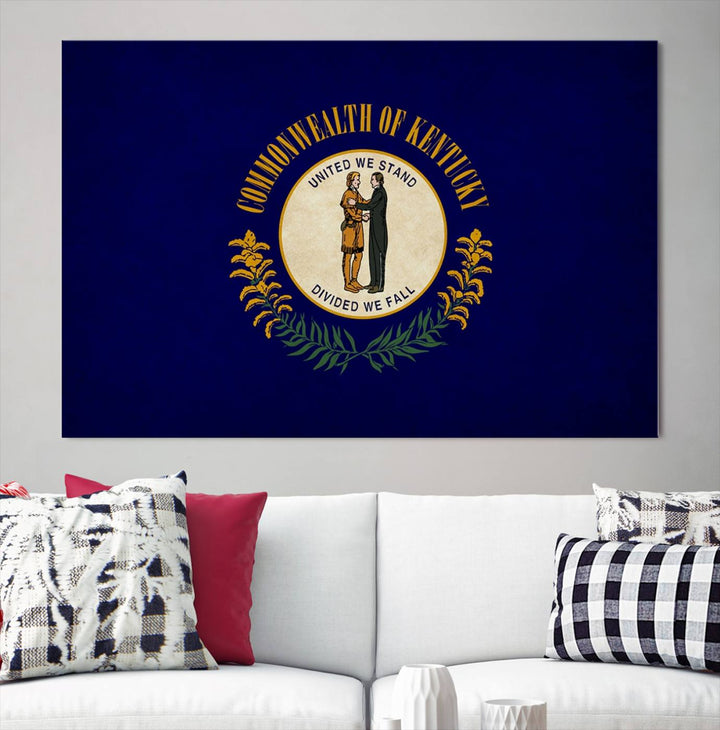 A museum-quality canvas of the Kentucky State Flag Wall Art graces the wall, featuring a UV-protective coating to maintain its vivid colors. Benefit from free shipping on this impressive home decor piece.