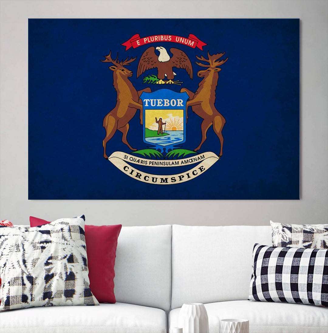 A piece of Michigan State Flag Wall Art on museum-quality canvas features a UV-protective coating to maintain its vibrant colors.