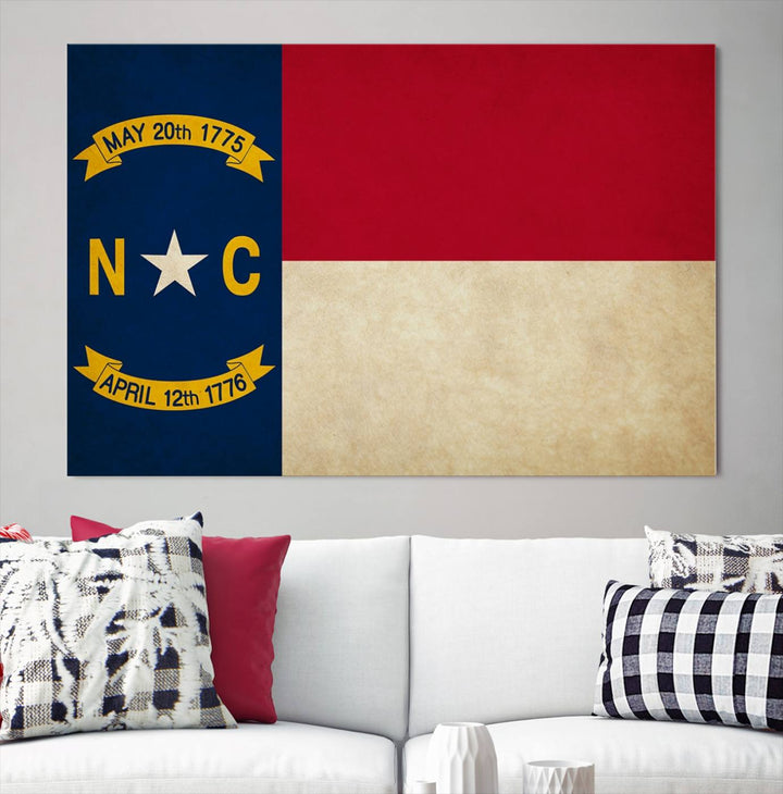 A museum-quality North Carolina State Flag Wall Art Canvas Print graces the wall, adding charm and character to any living space. Enjoy free shipping on this timeless piece.