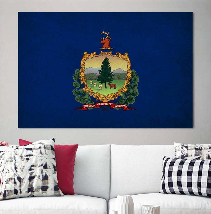 The Vermont Flag Wall Art Canvas Print is a museum-quality piece enhanced with UV-protective finishes, offering both style and durability. Enjoy free shipping on this classic decor addition.