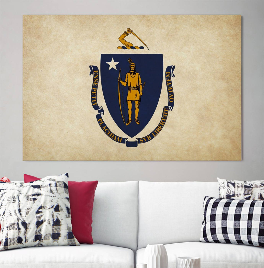 The Massachusetts State of Flag Wall Art Canvas Print, handcrafted on a museum-quality canvas with UV-protective coating, decorates the wall. It is ready to hang and adds a touch of elegance to the space.