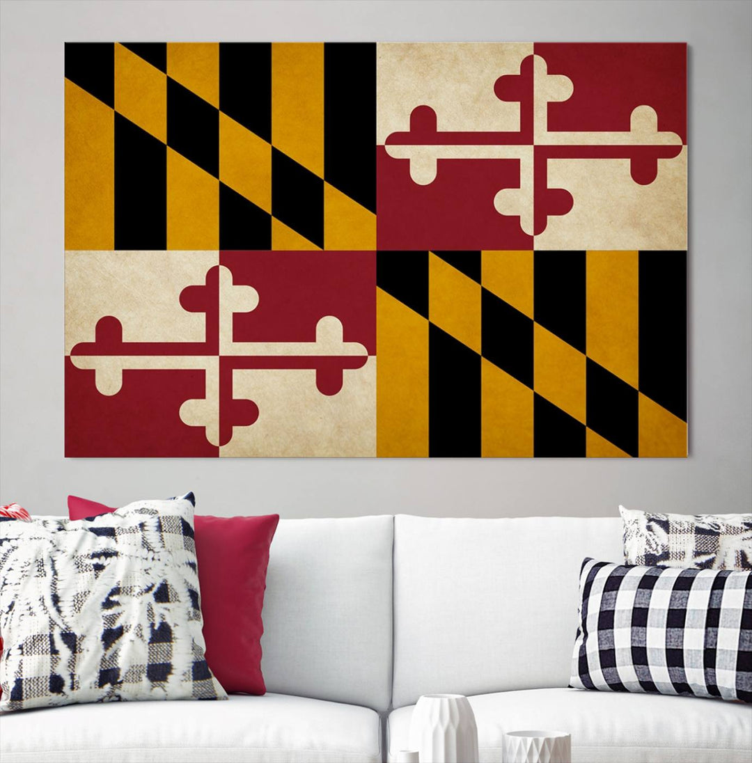 The Maryland Flag Wall Art Canvas Print, boasting a UV-protective coating for vibrant colors and durability, is a museum-quality piece offered with free shipping, making it the perfect addition to your space.